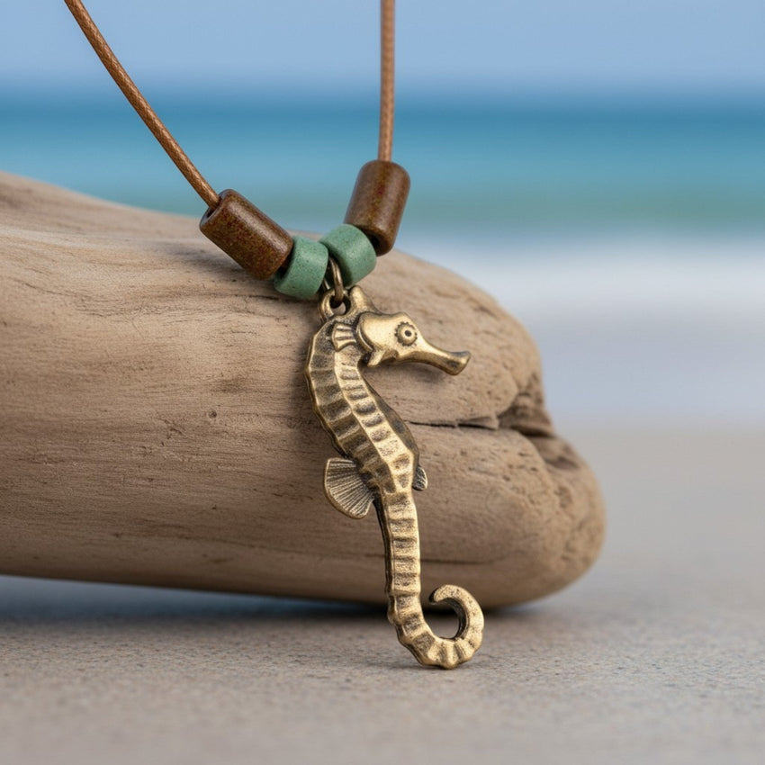 Seahorse Necklace – Shoreline Collection - Bronze with Greek Beads