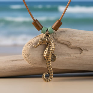 Seahorse Necklace – Shoreline Collection - Bronze with Greek Beads