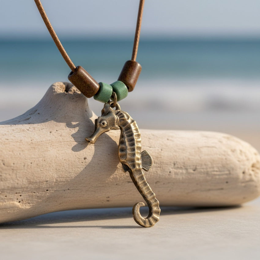 Seahorse Necklace – Shoreline Collection - Bronze with Greek Beads
