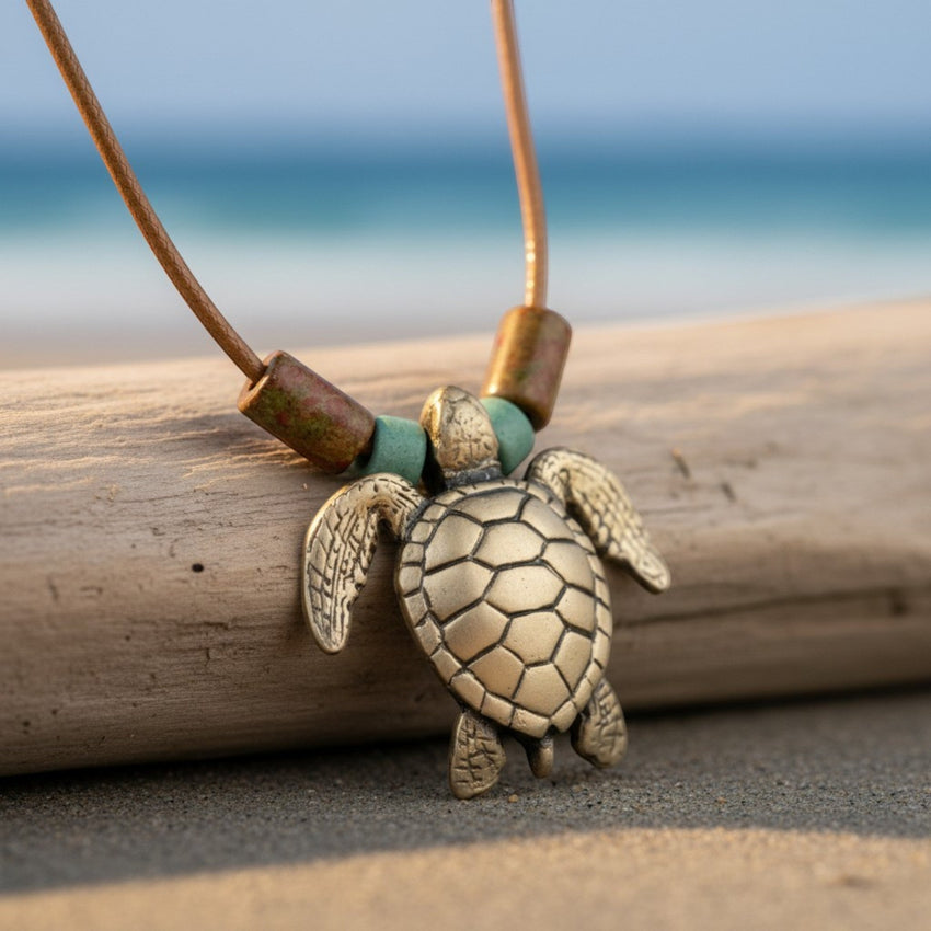 Sea Turtle Necklace – Shoreline Collection - Bronze on Braided Cotton Cord