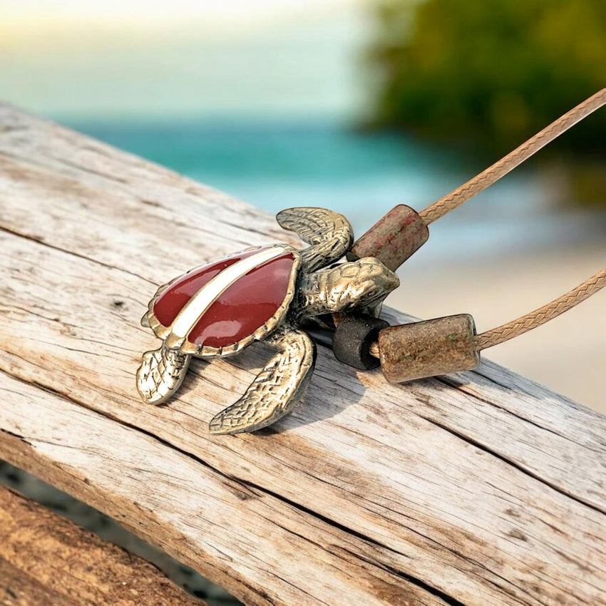 Hawksbill Dive Turtle Necklace – Shoreline Collection - Bronze on Braided Cotton Cord