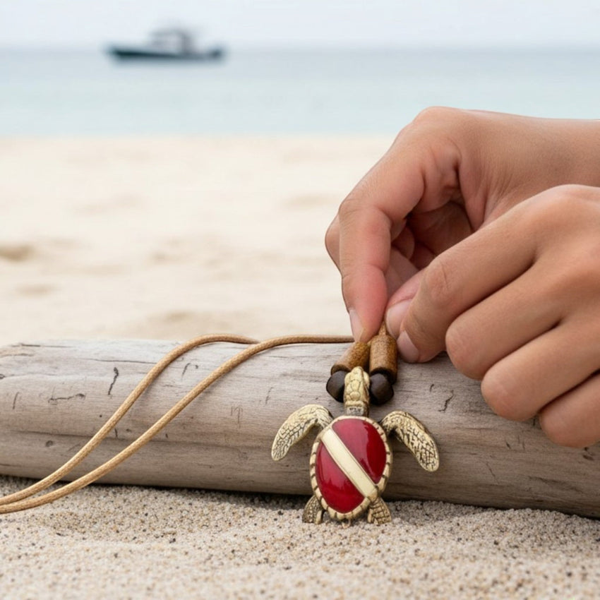 Hawksbill Dive Turtle Necklace – Shoreline Collection - Bronze on Braided Cotton Cord