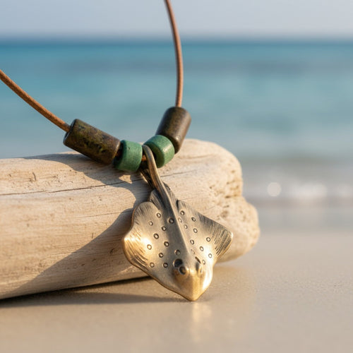 Stingray Pendant Necklace – Shoreline Collection – Bronze with Ceramic Beads