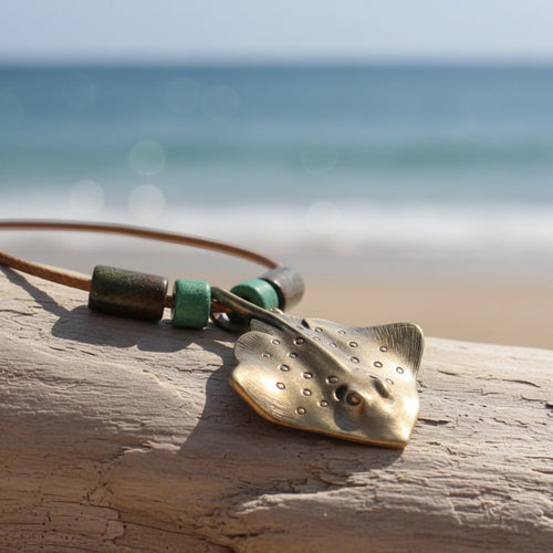 Stingray Pendant Necklace – Shoreline Collection – Bronze with Ceramic Beads