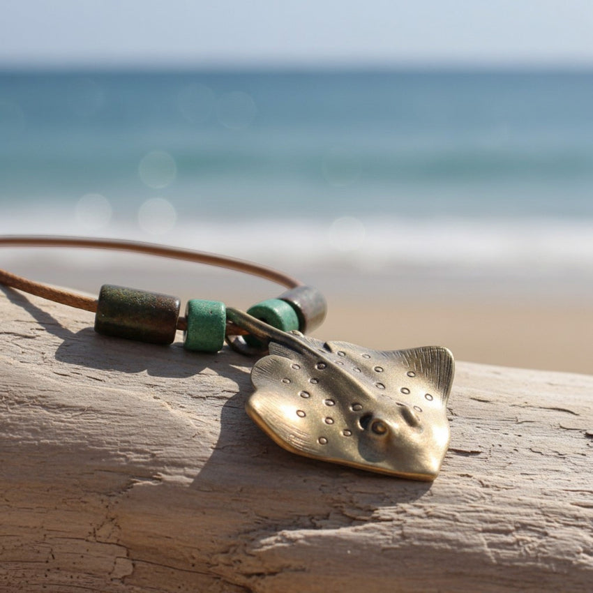 Stingray Pendant Necklace – Shoreline Collection – Bronze with Ceramic Beads