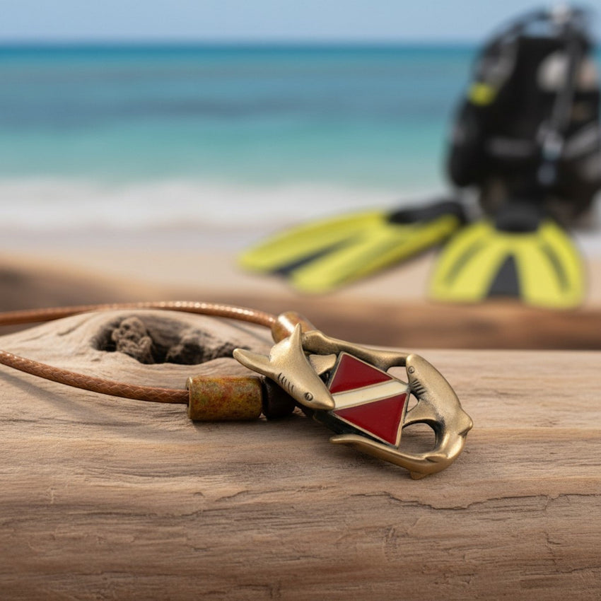Sharks and Dive Flag Necklace  – Shoreline Collection – Bronze on Cotton Cord