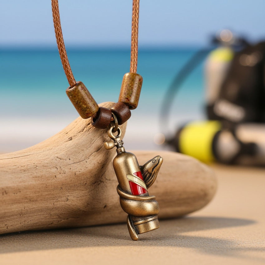 Moray Eel & Scuba Tank Necklace – Shoreline Collection -  Bronze on Braided Cotton Cord