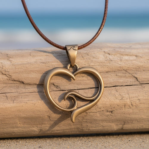 Pendant and Necklace – Ocean Wave Heart Collection – Bronze on Cord