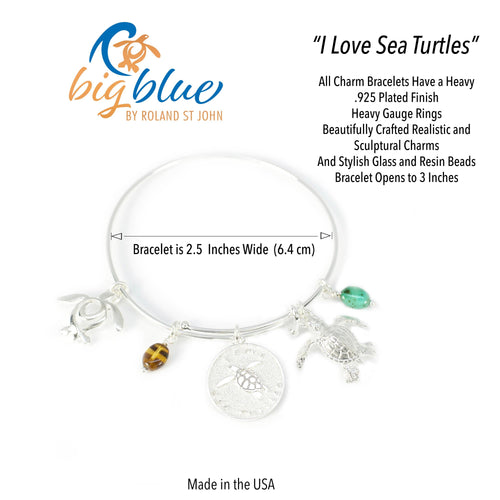 Sea Turtle Adjustable Charm Bracelet – I Love Collection - Silver Sterling Finish