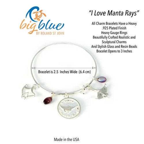 Manta Ray Adjustable Charm Bracelet – I Love Collection - Sterling Silver Finish