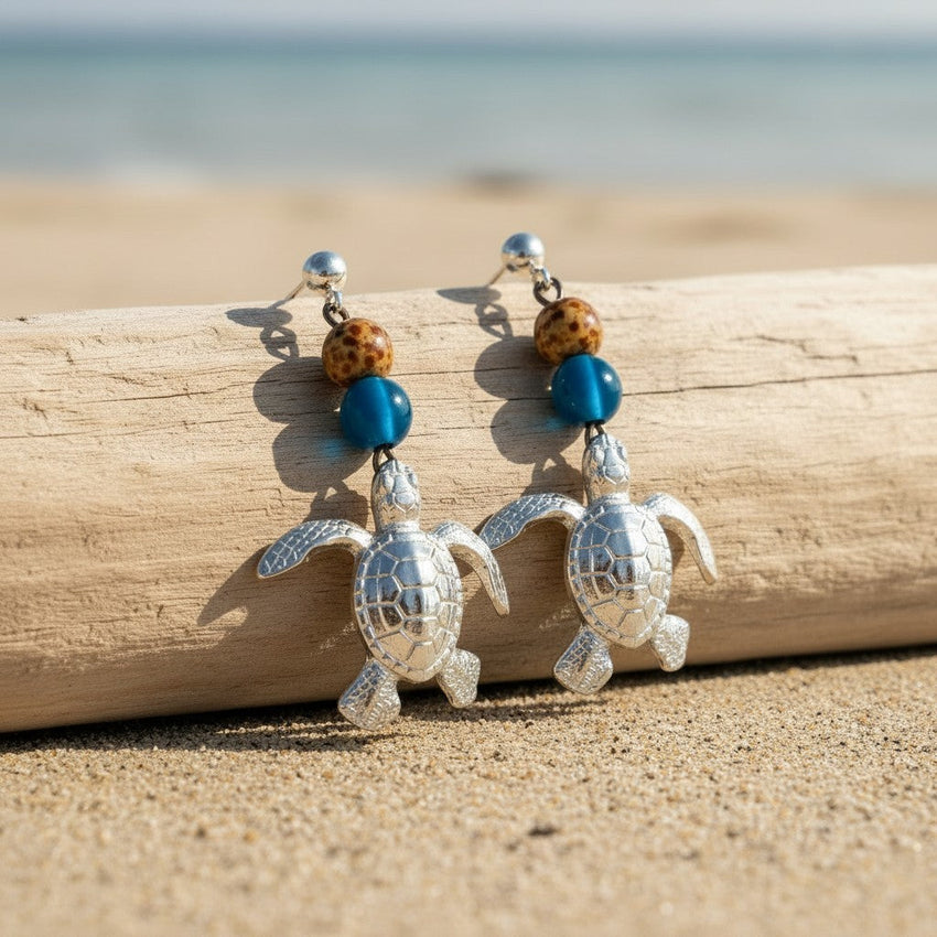 Sea Turtle Dangle Earrings with Beads – Ocean Theme Collection - Pewter