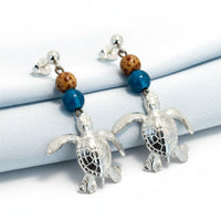Sea Turtle Dangle Earrings with Beads – Ocean Theme Collection - Pewter