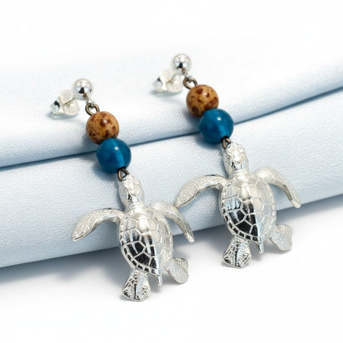 Sea Turtle Dangle Earrings with Beads – Ocean Theme Collection - Pewter
