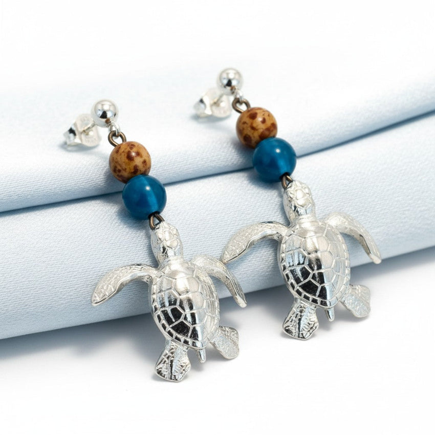 Sea Turtle Dangle Earrings with Beads – Ocean Theme Collection - Pewter