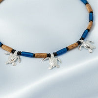Sea Turtle Hatchling Charm Necklace - Ocean Theme - Pewter with Mykonos Beads