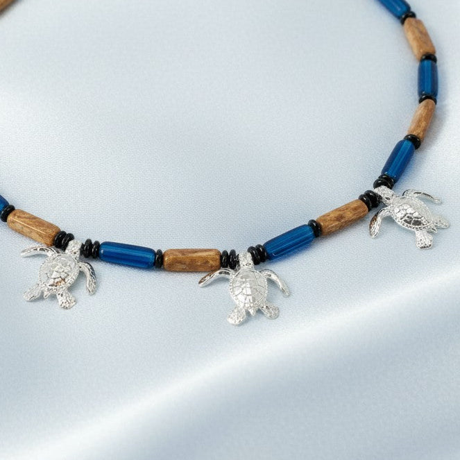 Sea Turtle Hatchling Charm Necklace - Ocean Theme - Pewter with Mykonos Beads