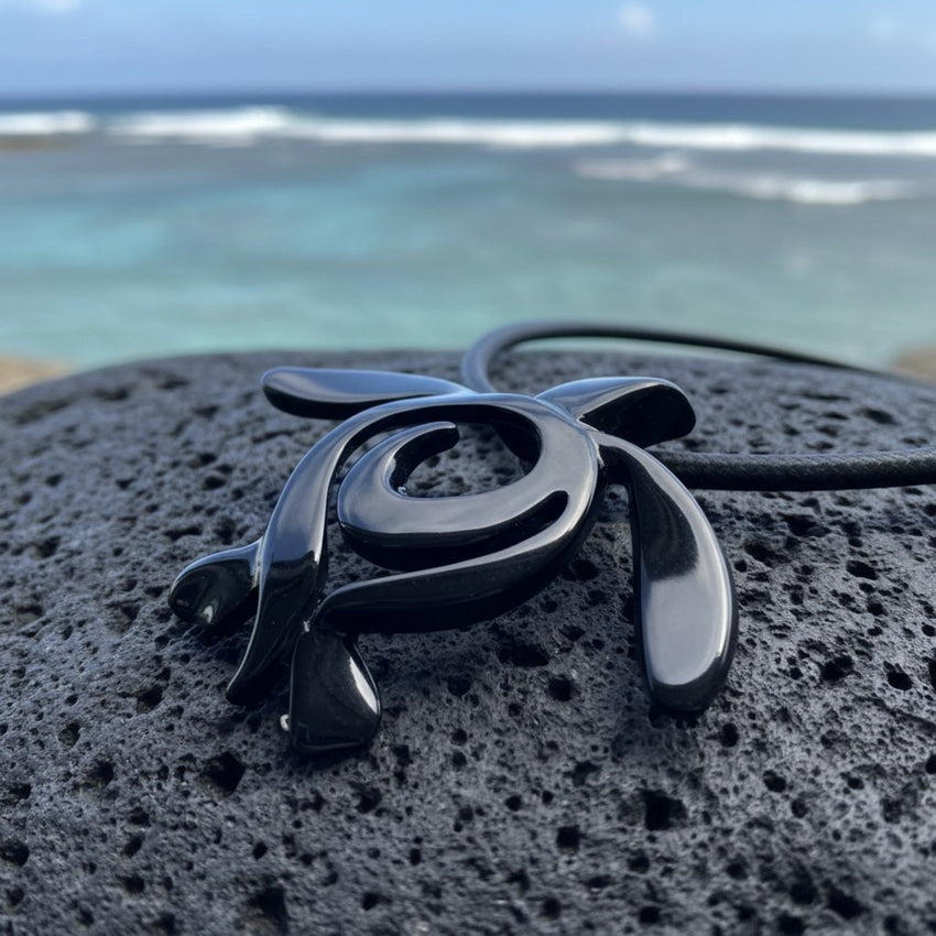 Turtle Necklace – Ocean Traveler "Honu" Collection – Jet Black Pewter Pendant