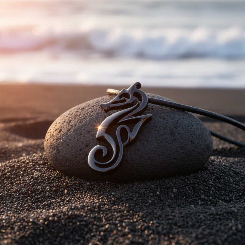 Seahorse Pendant Necklace – "Polo" - Jet Black Finish