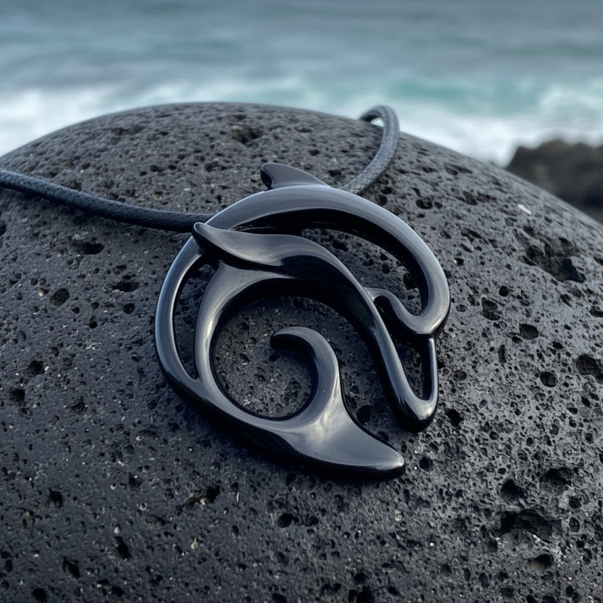 Dolphin Pendant Necklace – "Flipper" - Jet Black Finish on Black Cord