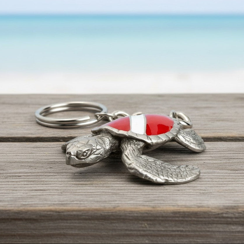 Turtle Keychain with Dive Flag – Diver’s Collection – Pewter