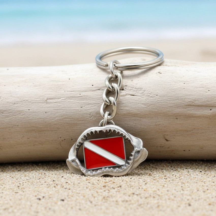 Shark Jaw Keychain with Dive Flag – Diver’s Collection – Pewter