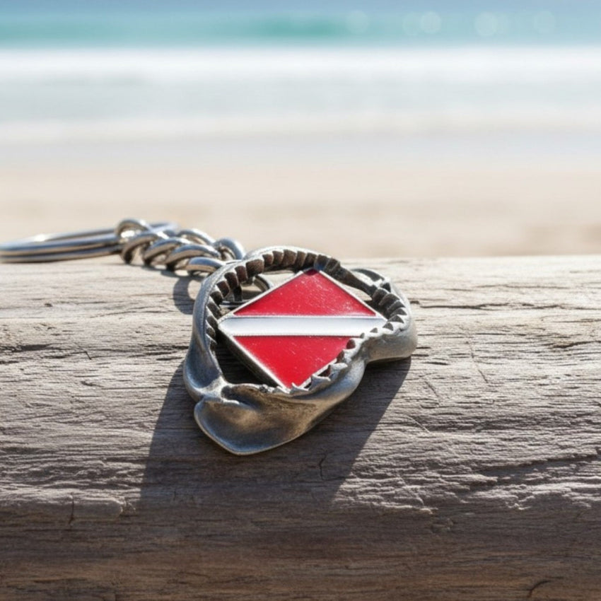 Shark Jaw Keychain with Dive Flag – Diver’s Collection – Pewter