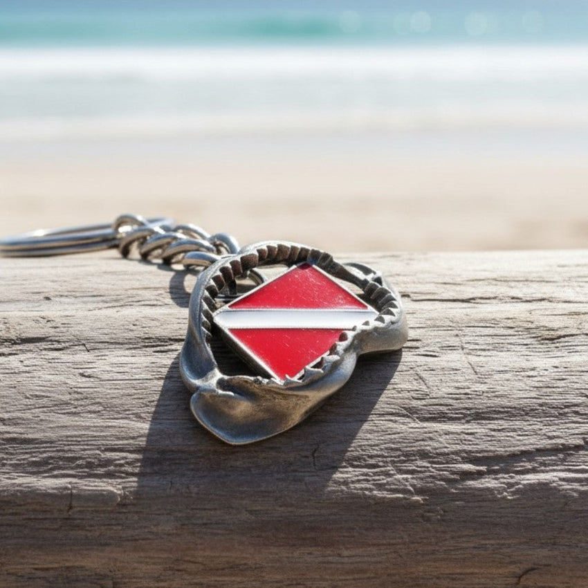 Shark Jaw Keychain with Dive Flag – Diver’s Collection – Pewter