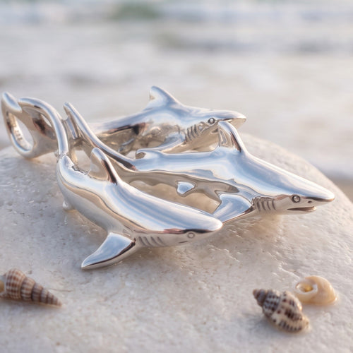 Grey Reef Sharks Trio Necklace - Ocean In Motion Collection - Sterling Silver
