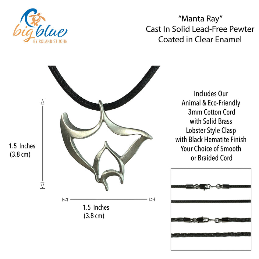 Manta Ray Cord Necklace - "Big Ray" - Pewter on Eco Cord