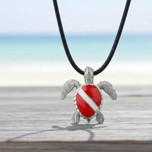 Hawksbill Sea Turtle Necklace Pendant with Dive Flag – Diver’s Collection - Pewter