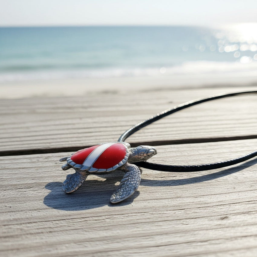 Hawksbill Sea Turtle Necklace Pendant with Dive Flag – Diver’s Collection - Pewter