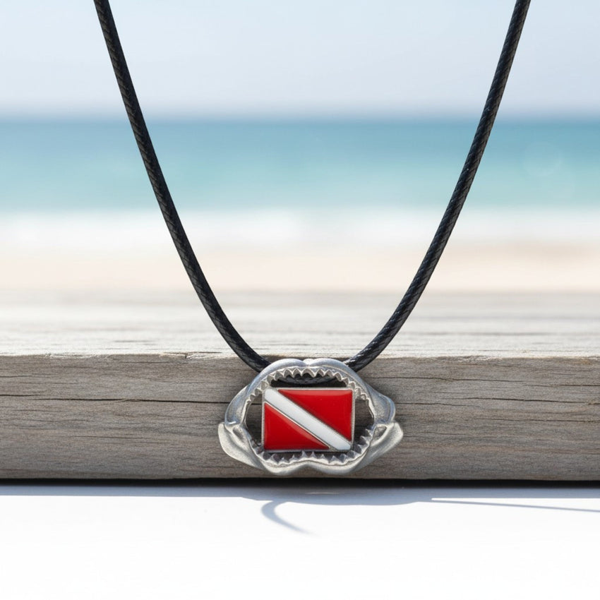 Shark Jaw Necklace with Dive Flag – Diver’s Collection – Pewter Pendant
