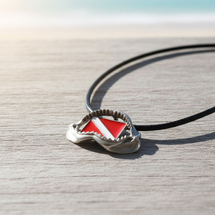 Shark Jaw Necklace with Dive Flag – Diver’s Collection – Pewter Pendant