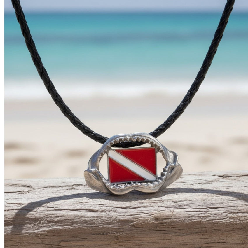 Shark Jaw Necklace with Dive Flag – Diver’s Collection – Pewter Pendant