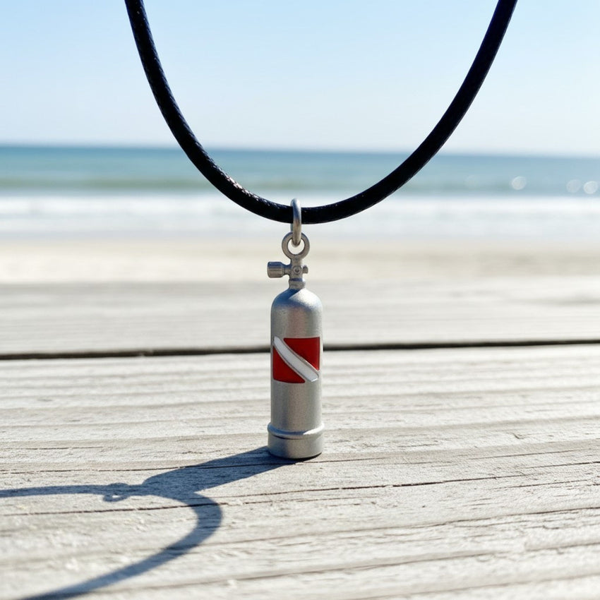 Scuba Tank Necklace with Dive Flag – Diver’s Collection - Pewter on Cord