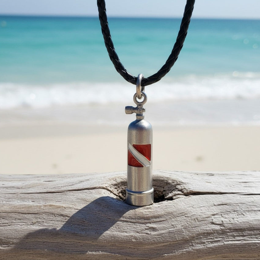 Scuba Tank Necklace with Dive Flag – Diver’s Collection - Pewter on Cord