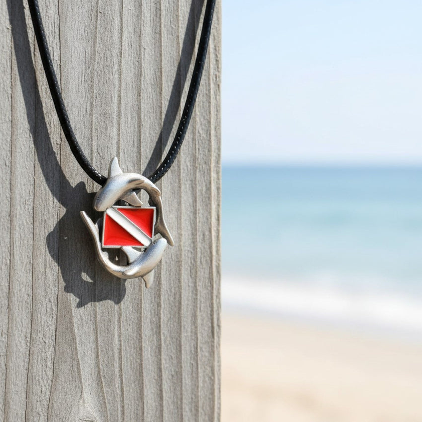 Sharks and Dive Flag Necklace – Diver’s Collection – Pewter