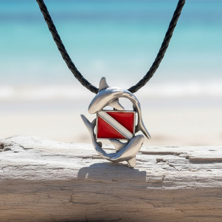 Sharks and Dive Flag Necklace – Diver’s Collection – Pewter