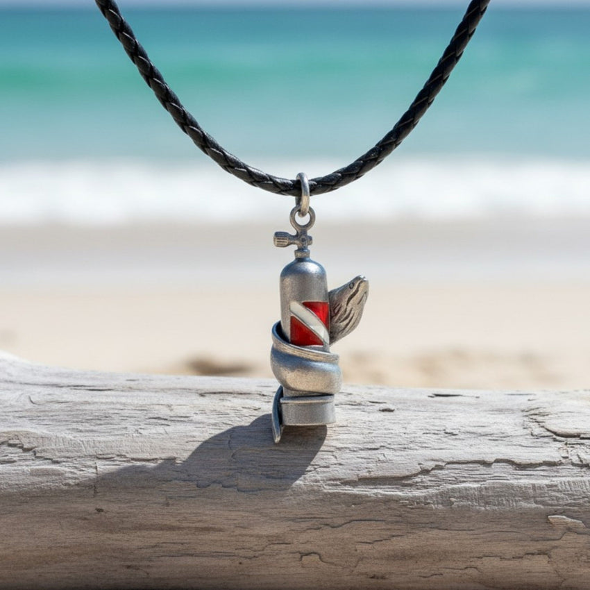 Moray Eel & Scuba Tank Necklace – Pewter on Black Cotton Cord
