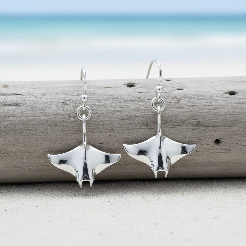 Manta Ray Drop Earrings – Sealife Collection - Sterling Silver