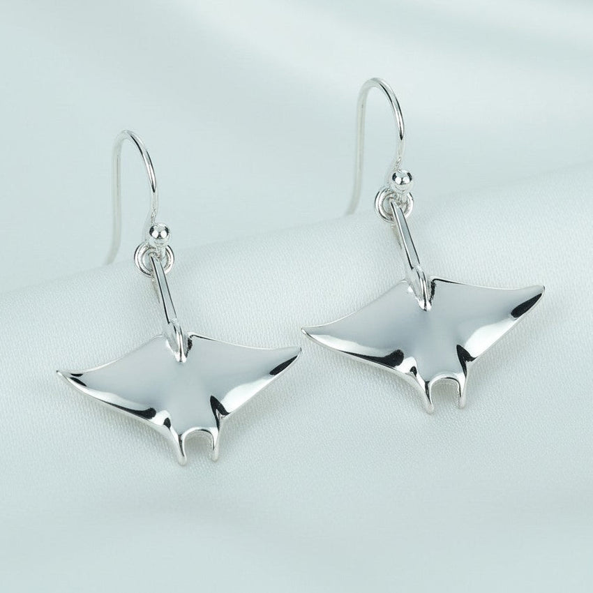 Manta Ray Drop Earrings – Sealife Collection - Sterling Silver