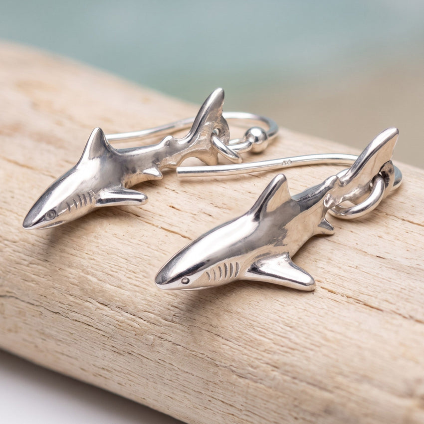 Reef Shark Drop Earrings – Sealife Collection - Sterling Silver