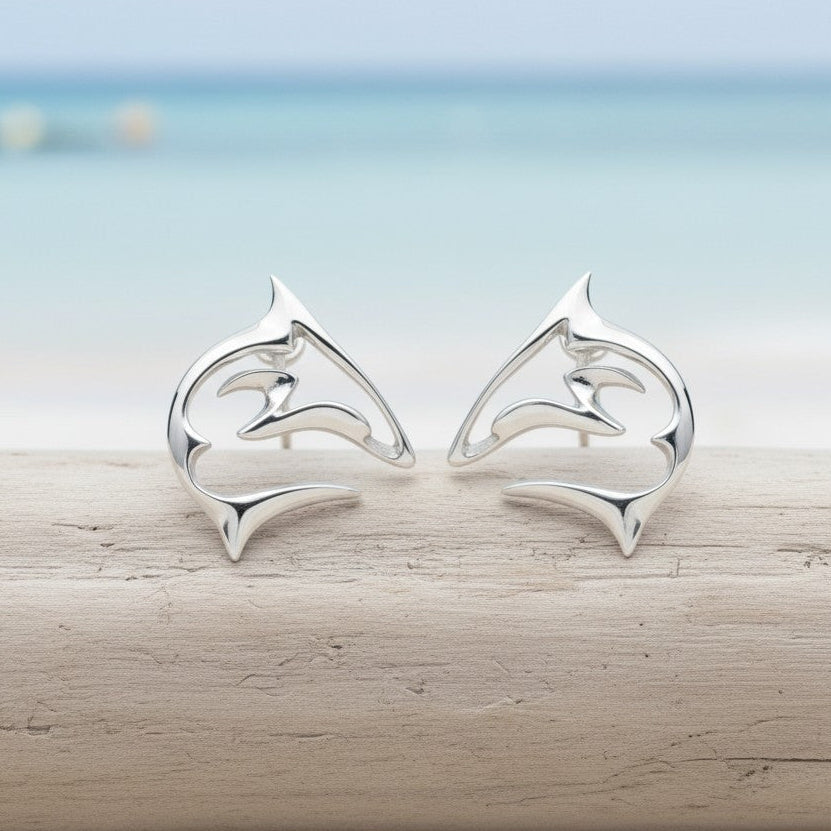 Shark Post/Stud Earrings – “Frenzy” Design – Sterling Silver