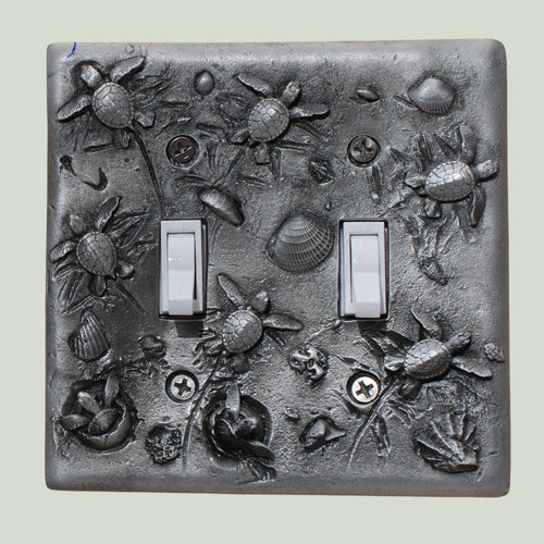 Sea Turtle Hatchlings Double Switch Plate –  Pewter