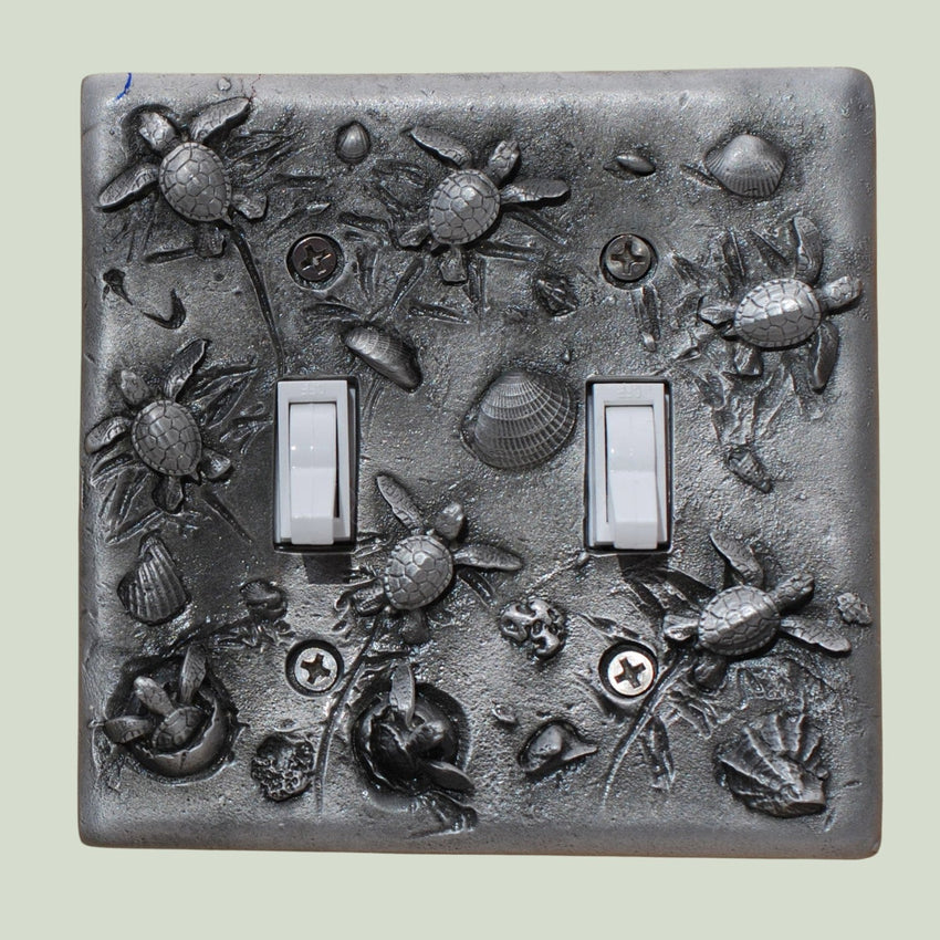Sea Turtle Hatchlings Double Switch Plate –  Pewter