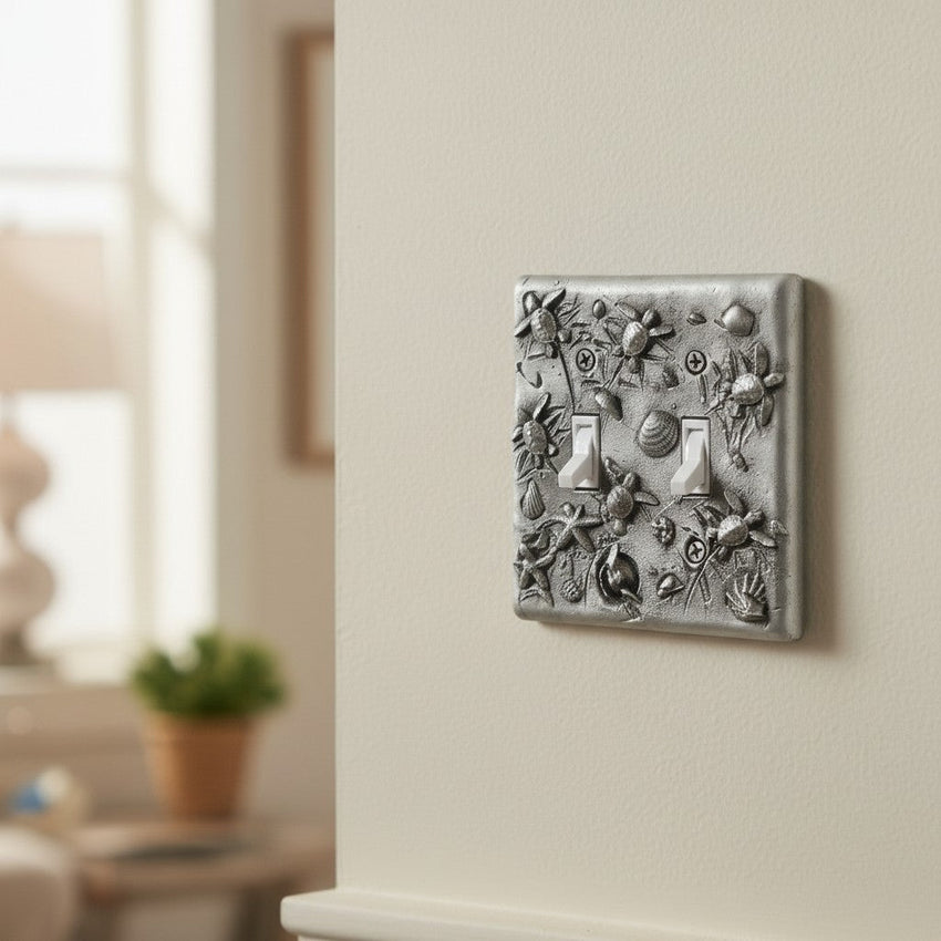 Sea Turtle Hatchlings Double Switch Plate –  Pewter