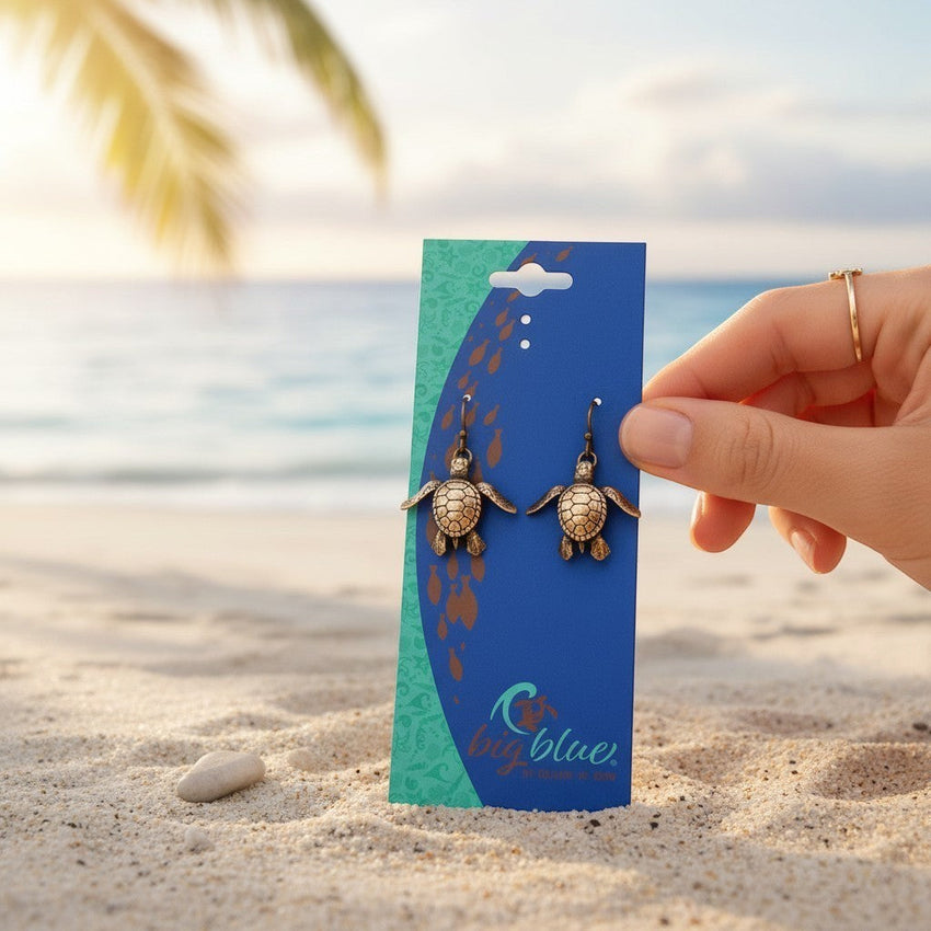 Hatchling Baby Sea Turtle Drop Earrings – Sealife Collection – Bronze