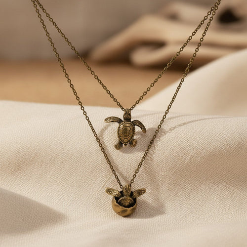 Sea Turtles Pendants on Layered Chains Necklace – Ocean Breeze Collection - Bronze