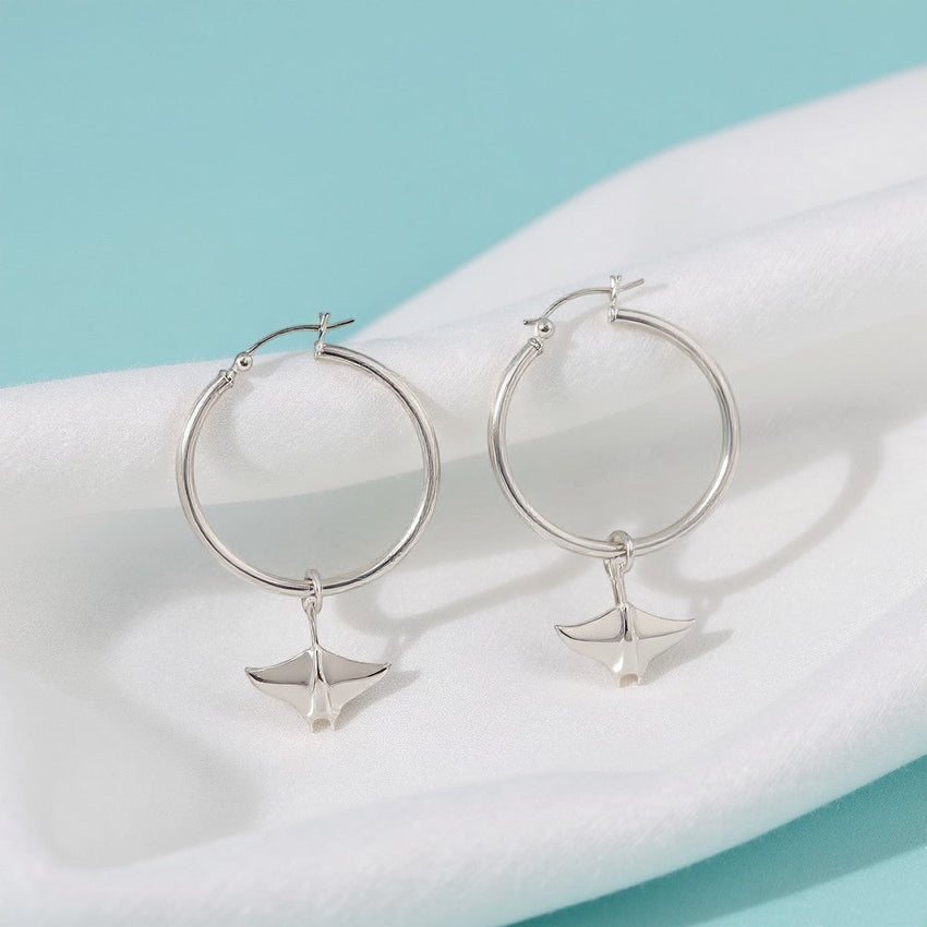Manta Ray Drop Hoop Earrings – Sealife Collection – Sterling Silver