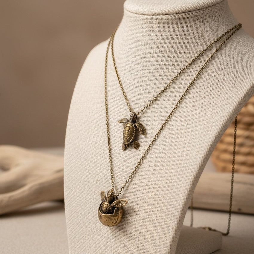 Sea Turtles Pendants on Layered Chains Necklace – Ocean Breeze Collection - Bronze